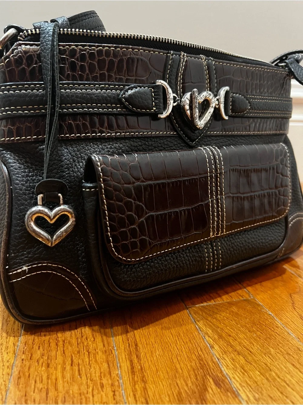Brighton Brown and Black Textured Leather Satchel with Heart Accent